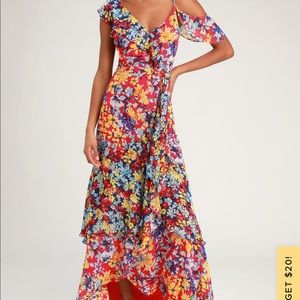 Lulus Radiant Ruby Red Floral Print Chiffon Maxi Dress